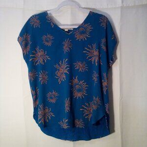 Loft Blouse Women XS Short Sleeve V-neck Print Blue Pink